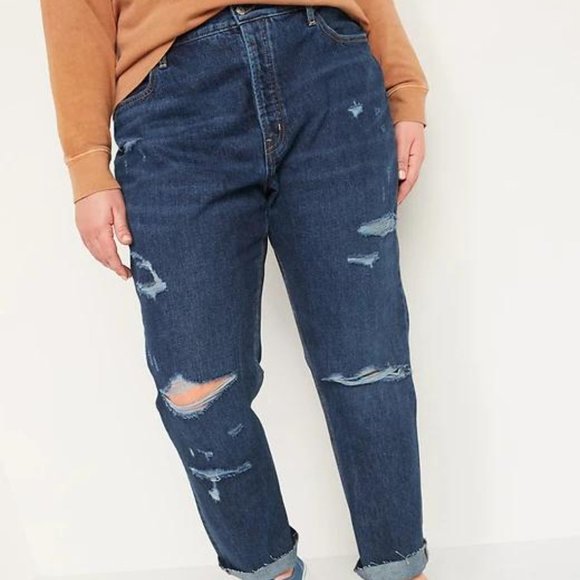 Old Navy High-Waisted Slouchy Straight Cropped Ripped Dark-Wash Jeans for Women - Picture 7 of 7